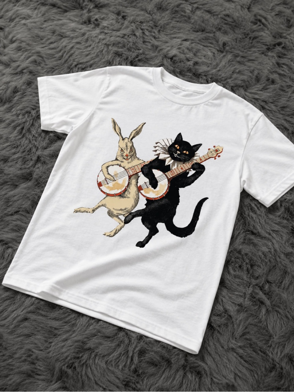 Black Cat & Cream Rabbit Banjo Gildan White Tee with Graphic - Picture 2 of 2